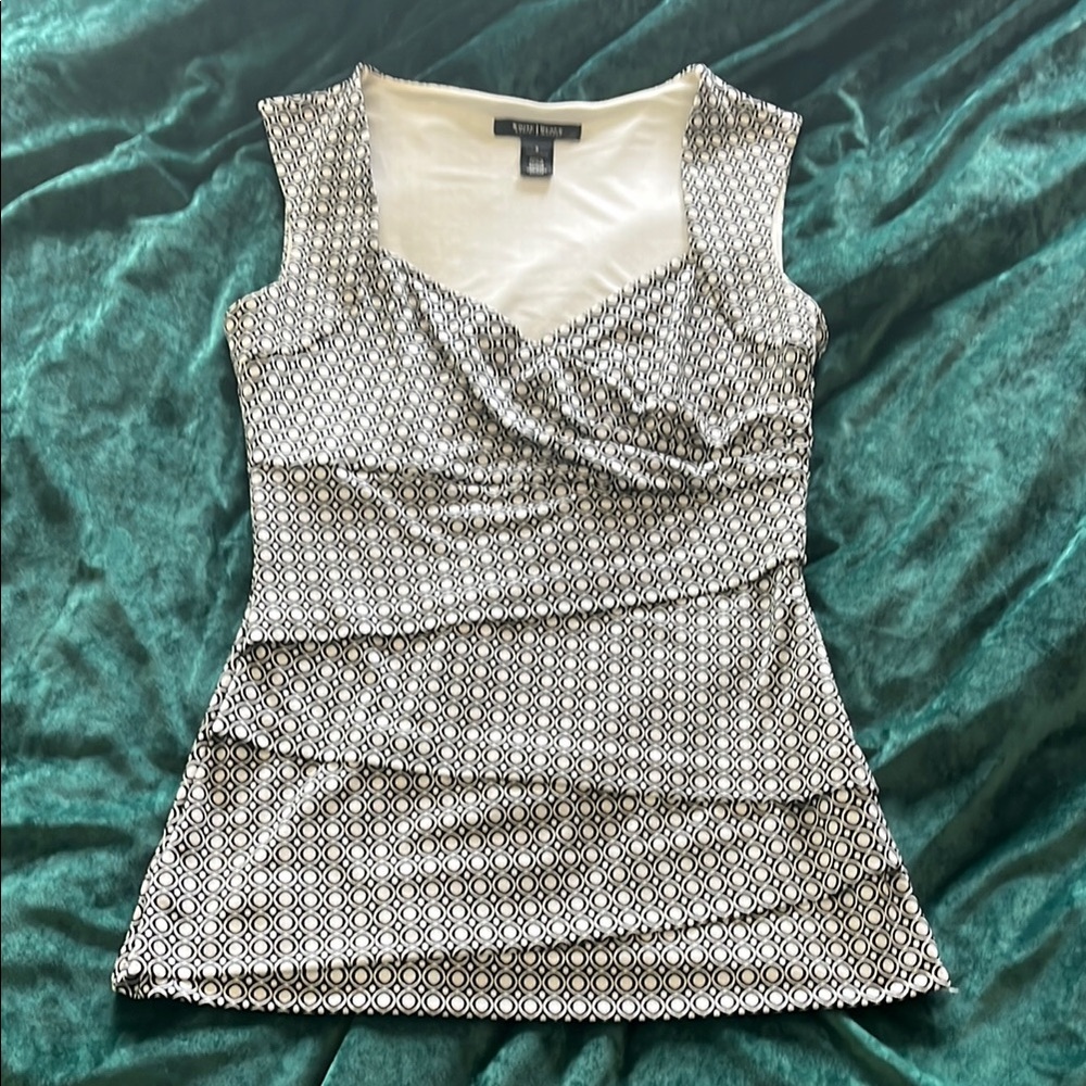 White House Black Market Gray and White Asymmetrical Ruffled Blouse